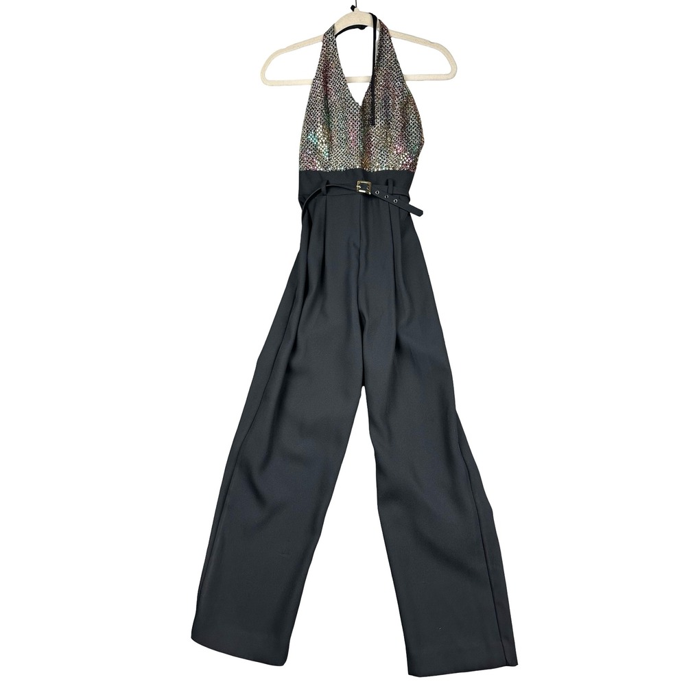 John Roberts Petite Jumpsuit Womens 4P Black Halter Sequin Wide Leg Formal